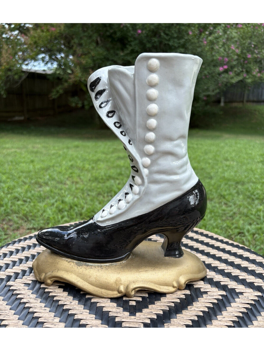 Vintage/Victorian Stella Art Pottery Ceramic Boot Shoe Vase, Black White Gold